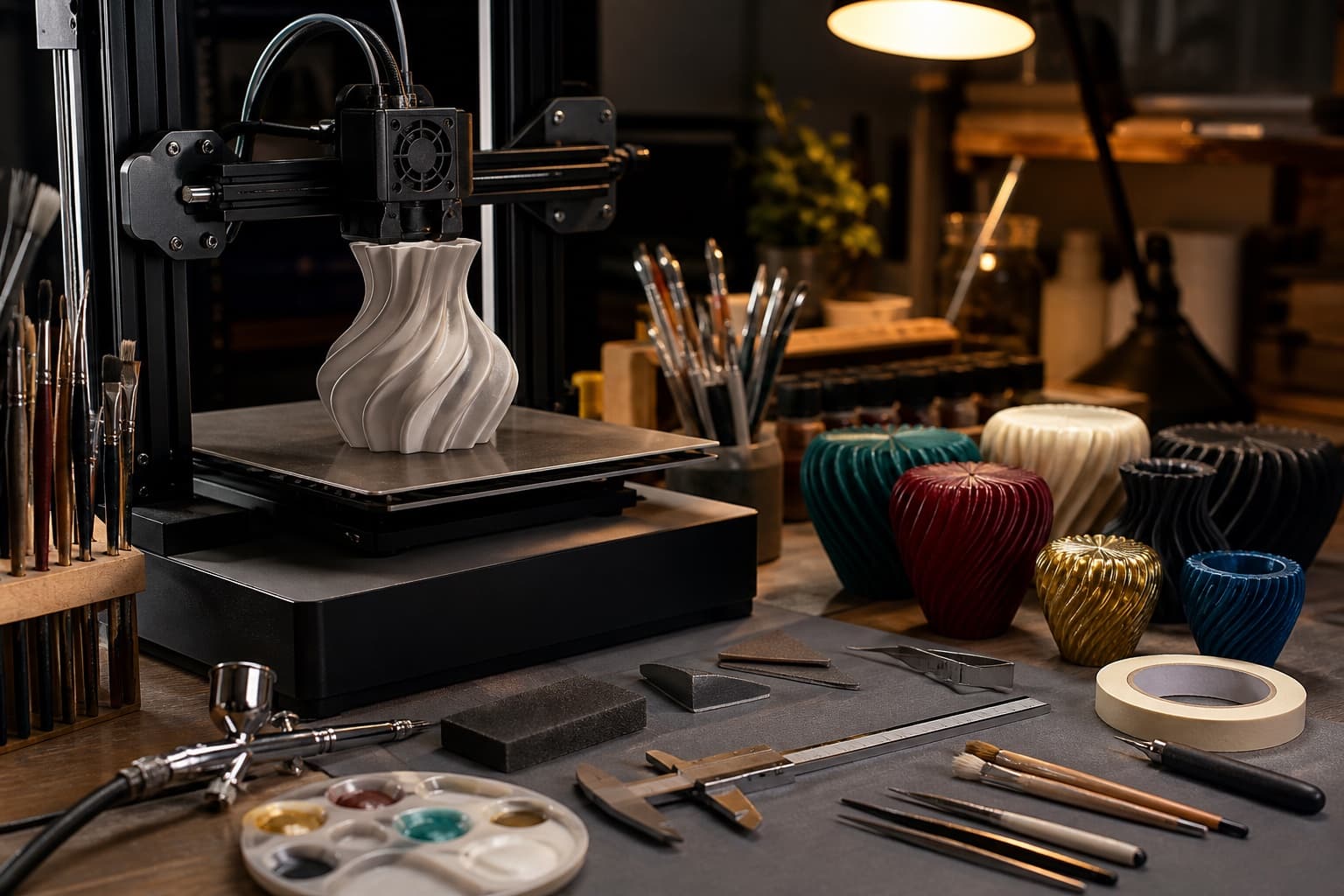 A 3D printer, painting tools and carefully finished objects in the Kewl Store workshop